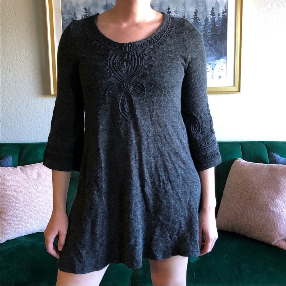 Monoreno Charcoal Embroidered 3/4 Sleeve Mini Sweater Dress